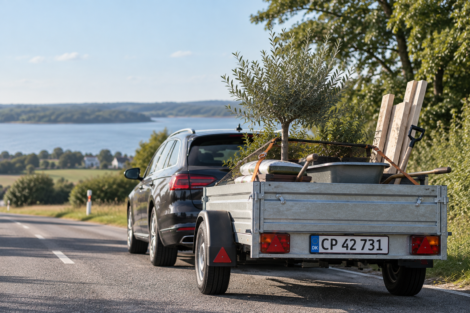 Trailer koblet på bil klar til kørsel med trailerforsikring fra easySure